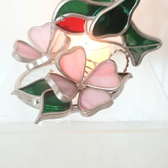 Stained Glass Slag Glass Hummingbird and Flowers  Candle Holder - Picture 1 of 7